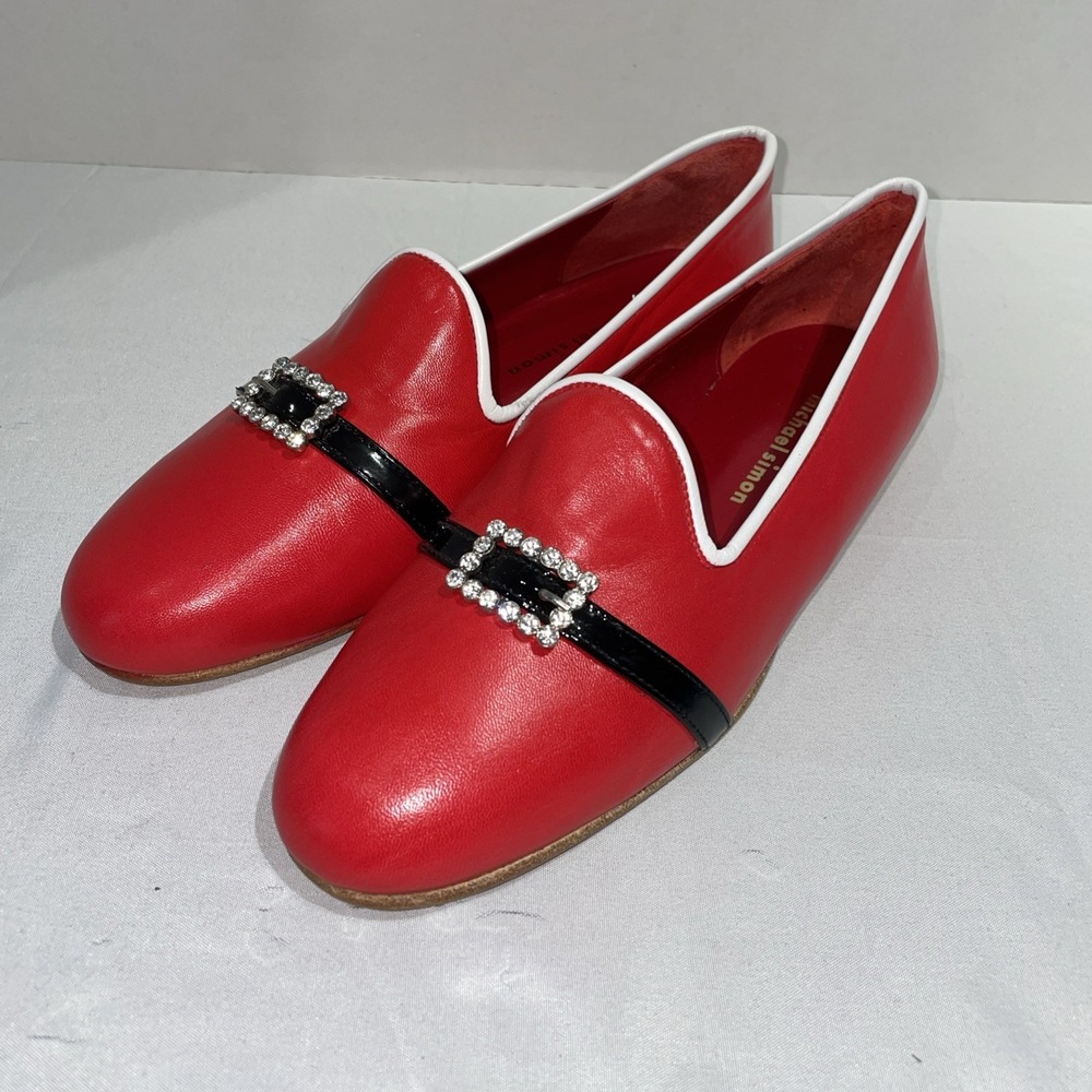 Michael Simon Red Leather Rhinestone Buckle Loafers Flats Spain Womens 7.5 M